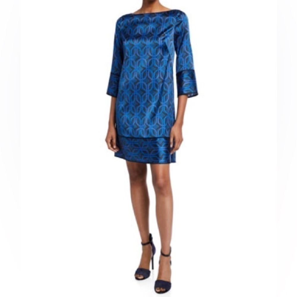 Elie Tahari Esmarella 3/4 Sleeve Cocktail Shift Dress Blue Printed Women Size 2 - Picture 13 of 13